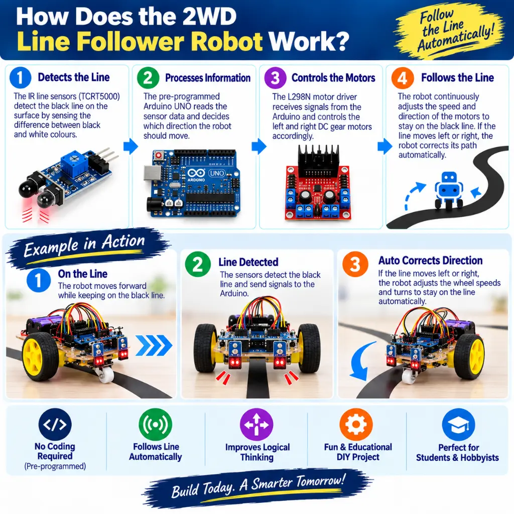 How Works 2WD Line Follower Robot