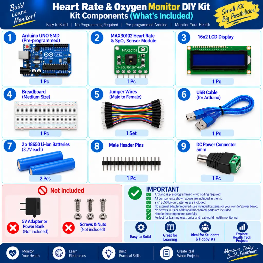 MAX30102 Heart Rate & SpO2 Arduino Project DIY Kit components