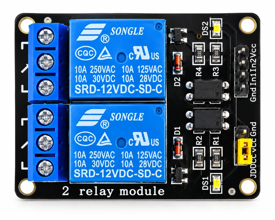 [6431110] 12V 2-Channel Relay Module with Optocoupler Isolation – Dual High-Current Control Switch for Automotive, Industrial, and 12V Battery Systems
