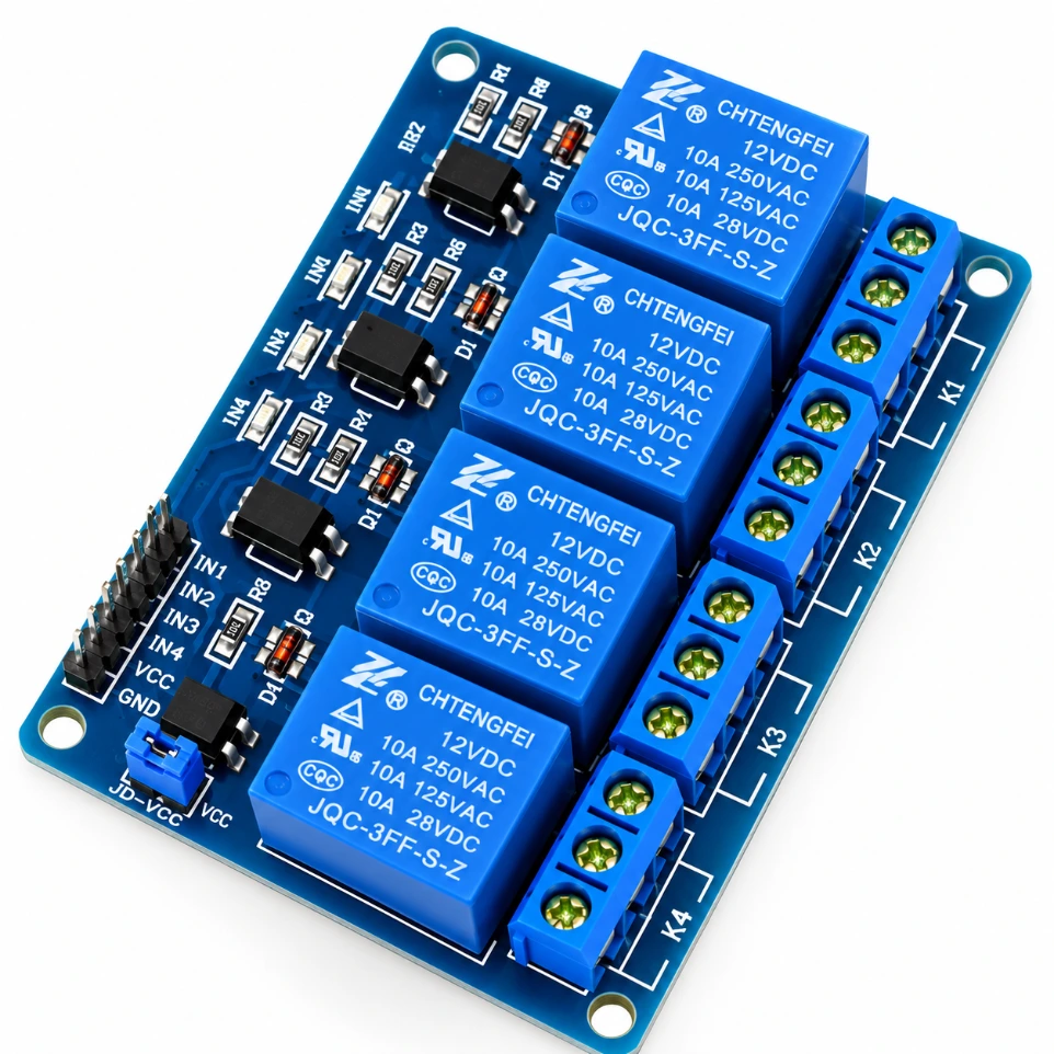 [7255409] 12V 4-Channel Relay Module with Optocoupler Isolation – Quad High-Current Control Switch