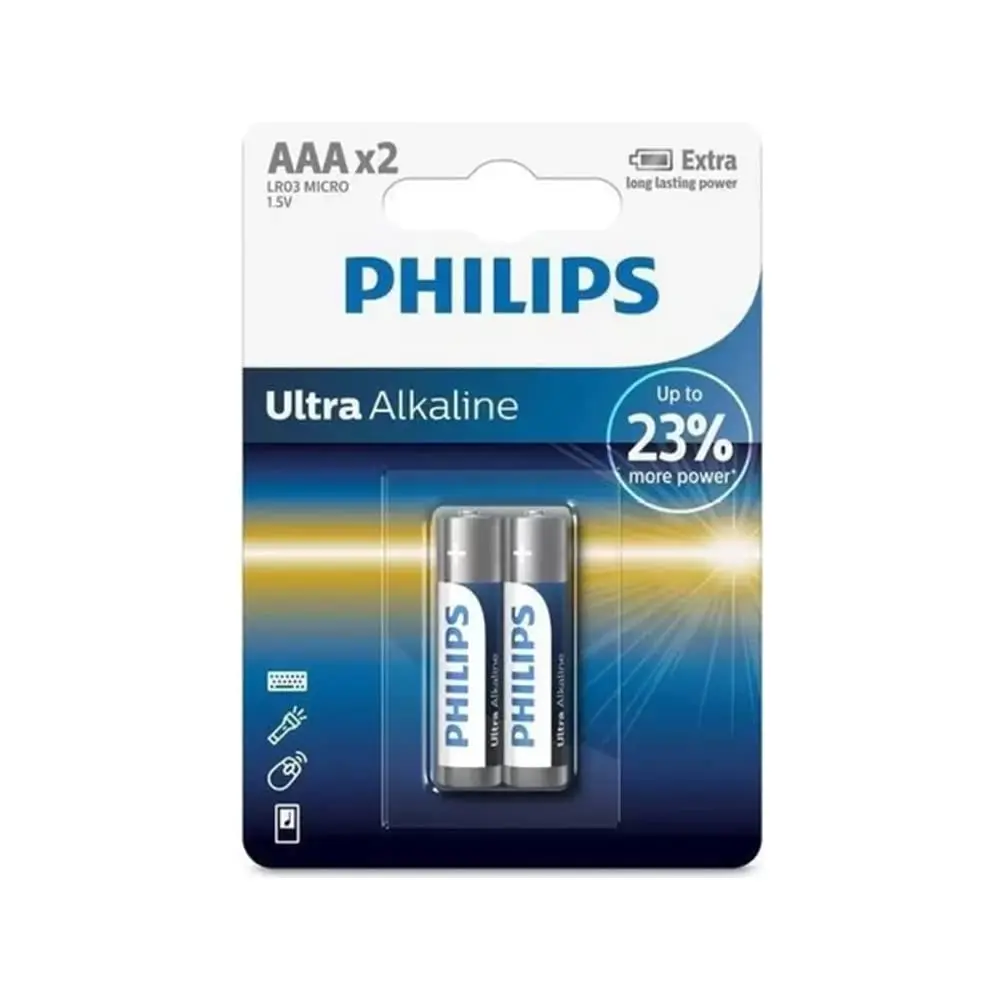 PHILIPS Ultra Alkaline Battery AAA (LR03E2B/97) – Pack of 2 – Top Performance, Ease of Use, Environmentally Responsible