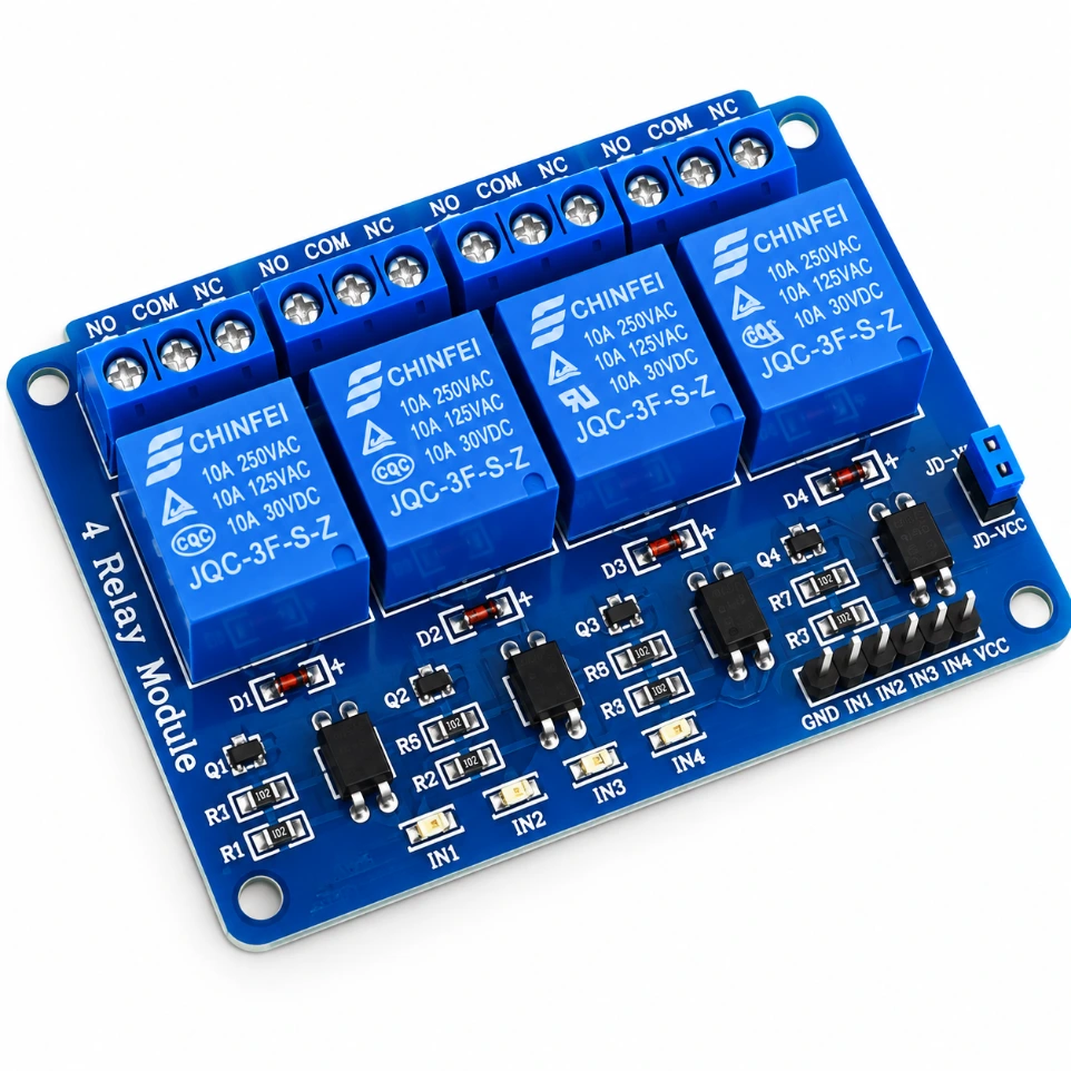 [44331122] 5V 4-Channel Relay Module with Optocoupler Isolation – Quad High-Current Control Switch for Arduino, ESP32, and Raspberry Pi Automation