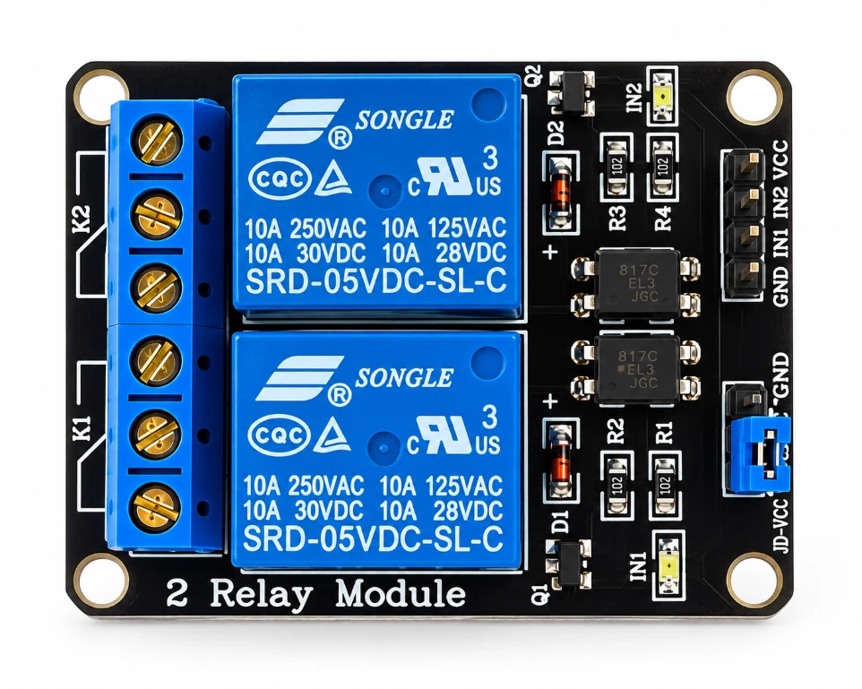 [5930750] 5V 2-Channel Relay Module with Optocoupler Isolation – Dual High-Current Control Switch for Arduino, ESP32, and Raspberry Pi Automation