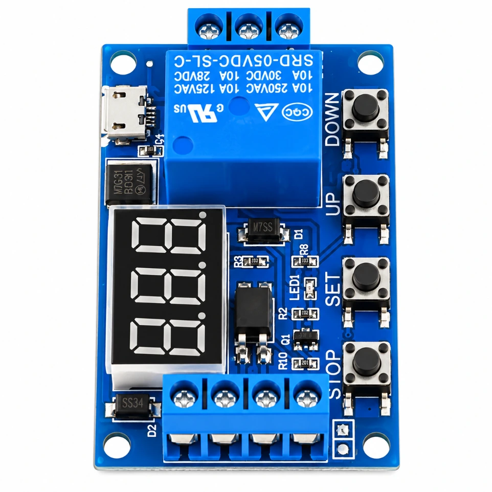 [59301165] 6-30V 1-Channel Delay Timer Relay Module – Programmable Trigger Cycle Switch with Digital LCD Display and Micro USB Support