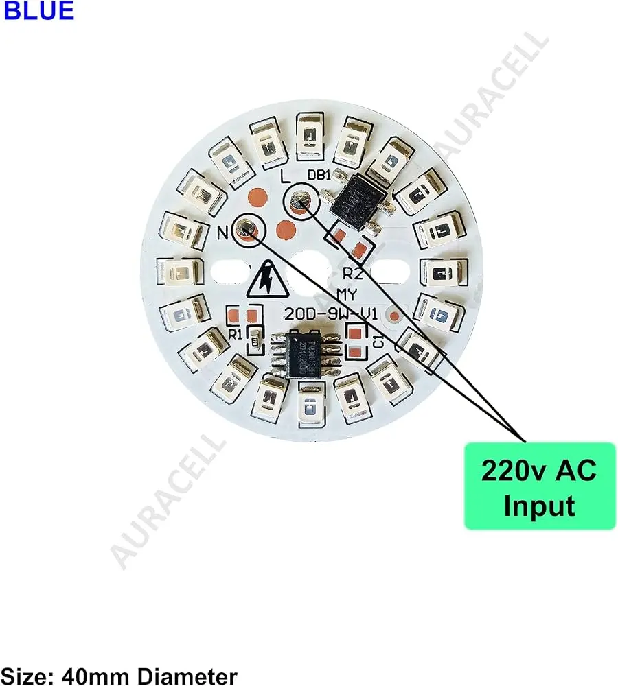 9W Blue LED PCB AC Driver-on-Board (DOB) Circular Plate for Bulbs (20 LEDs)