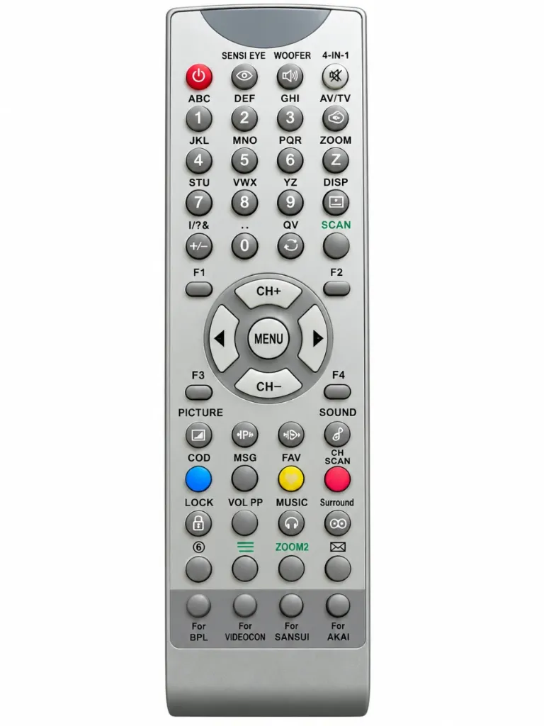 [607463] 4-in-1 Universal Master Remote for CRT TVs – Compatible with Videocon, Sansui, Akai, and BPL Television Sets