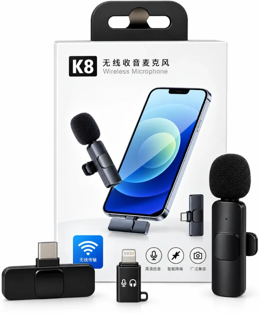 [72551011] K8 Dual Wireless Lavalier Microphone Set – Plug-and-Play Type-C & iPhone Compatible Mic for Livestreaming, YouTube, Vlogging, and Video Recording
