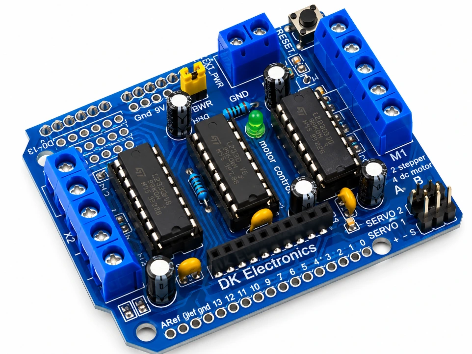 [897340] L293D Motor Driver Shield for Arduino – 4-Channel DC Motor & 2-Channel Stepper Motor Controller with High-Voltage 1.2A Peak Drive for Robotics