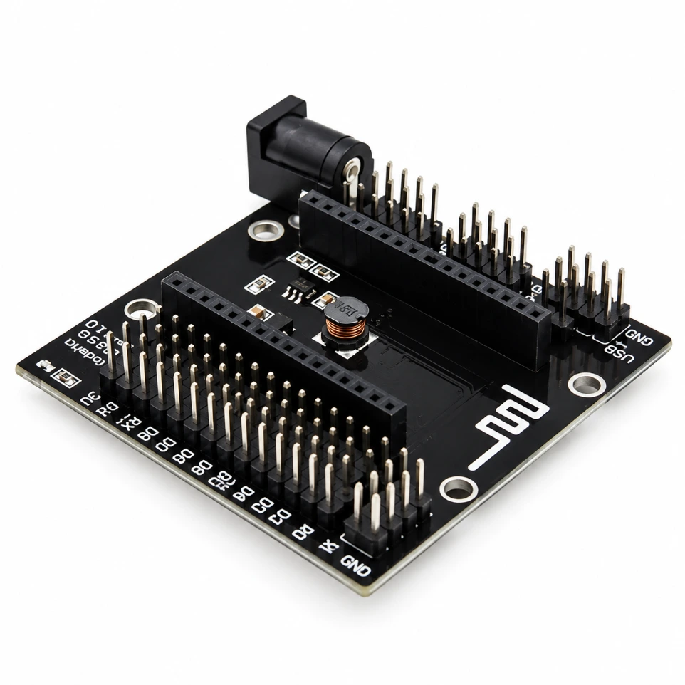 [72551248] NodeMCU Baseboard / Breadboard Expansion Shield for NodeMCU V3 (Lolin) – Integrated DC Barrel Jack, High-Stability Power Regulator, and GPIO Expansion
