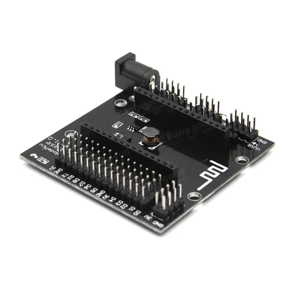 NodeMCU Baseboard / Breadboard Expansion Shield for NodeMCU V3 (Lolin) – Integrated DC Barrel Jack, High-Stability Power Regulator, and GPIO Expansion