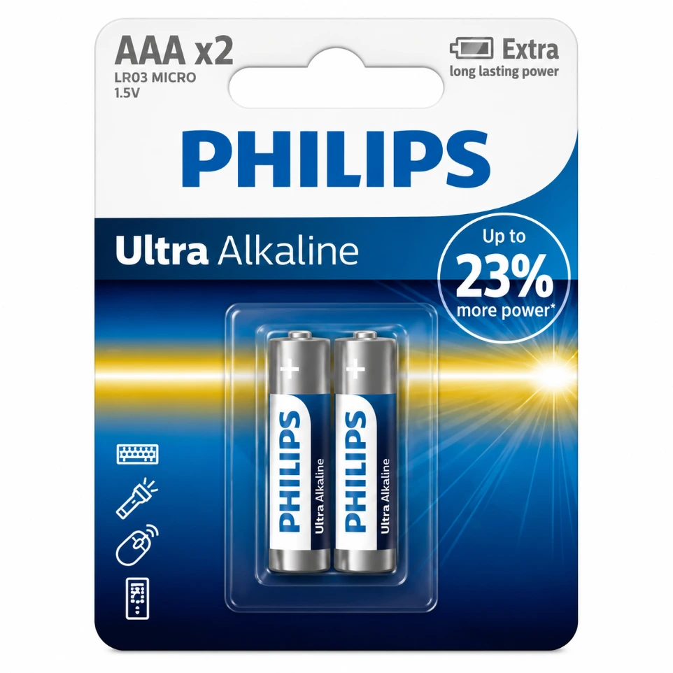 [2060468] Philips Ultra Alkaline AAA Batteries LR03E2B/97 High-Energy Pack of 2 for Digital Devices