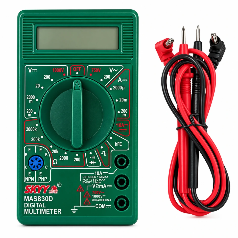 DT830D Digital Multimeter – Handheld Voltmeter, Ammeter, and Ohmmeter with Continuity Buzzer & Transistor (hFE) Tester for Electronics Repair and DIY
