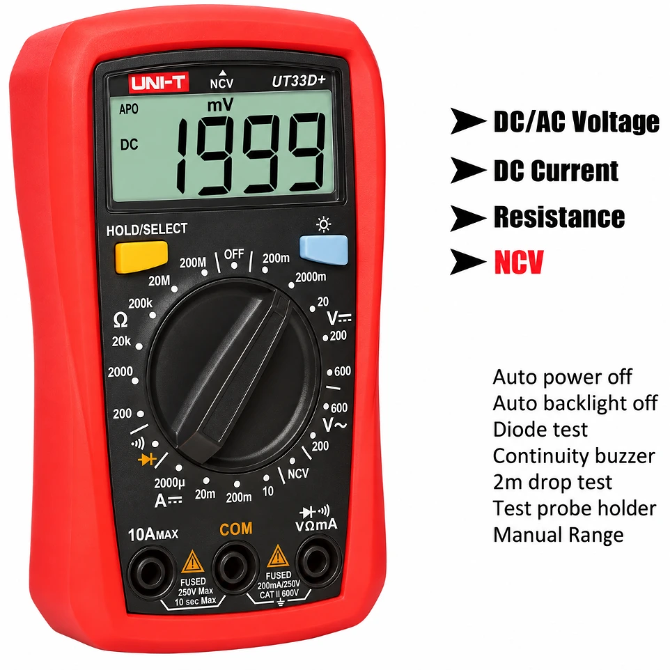 UNI-T UT33D+ Digital Multimeter – Professional Palm-Size Multitester with NCV Detection, Backlit LCD, and Rugged Drop-Proof Housing