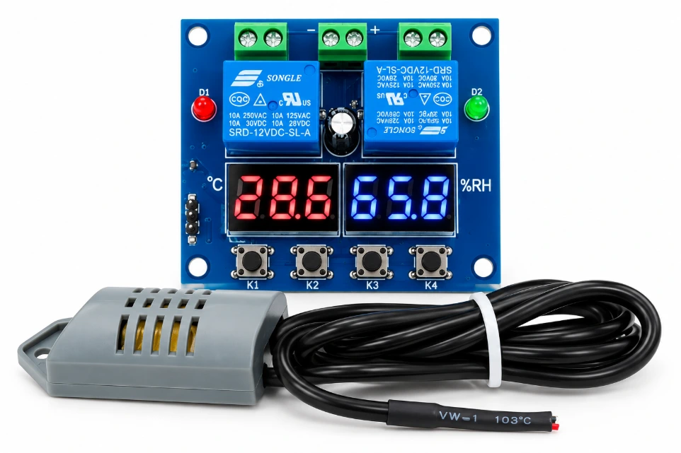[1654541] XH-M452 Dual Digital Temperature and Humidity Controller Module – High-Precision 12V DC Thermostat and Hygrostat with SHT20 Sensor for Incubators, Greenhouses, and HVAC Automation