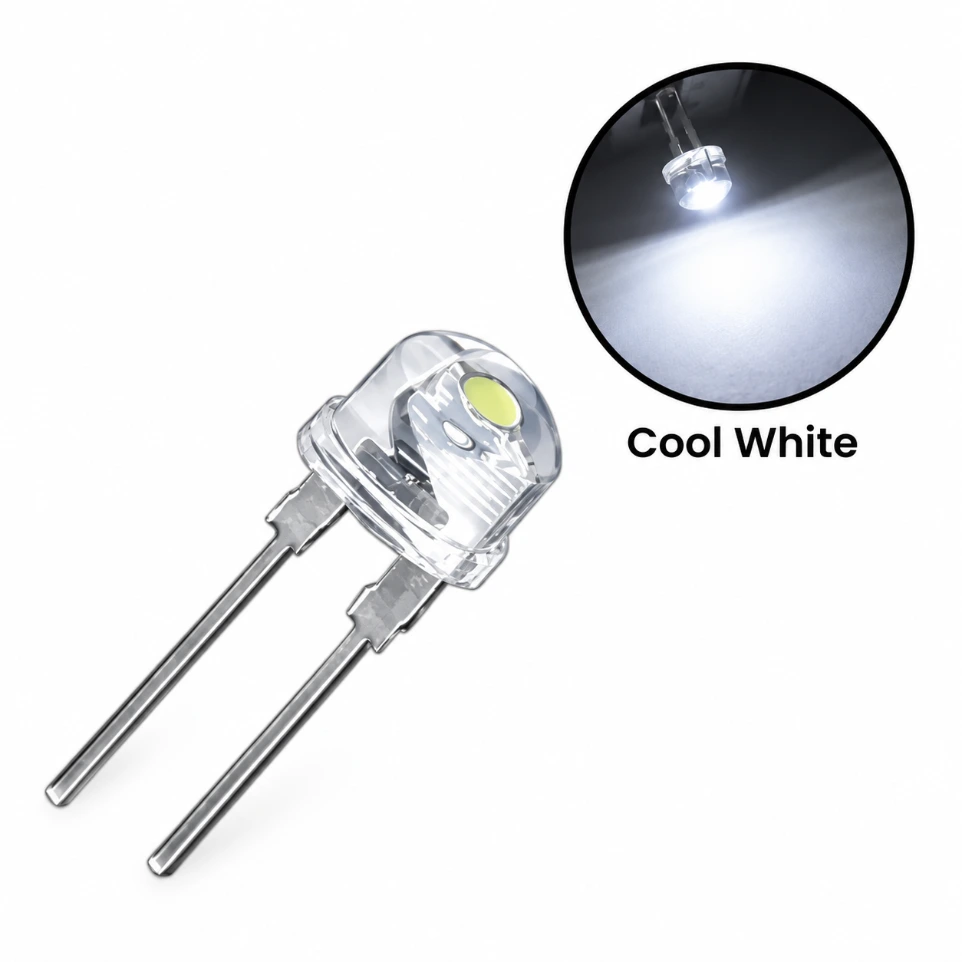 8mm Cool White Straw Hat LED High-Brightness Wide-Angle Light (Pack of 5)