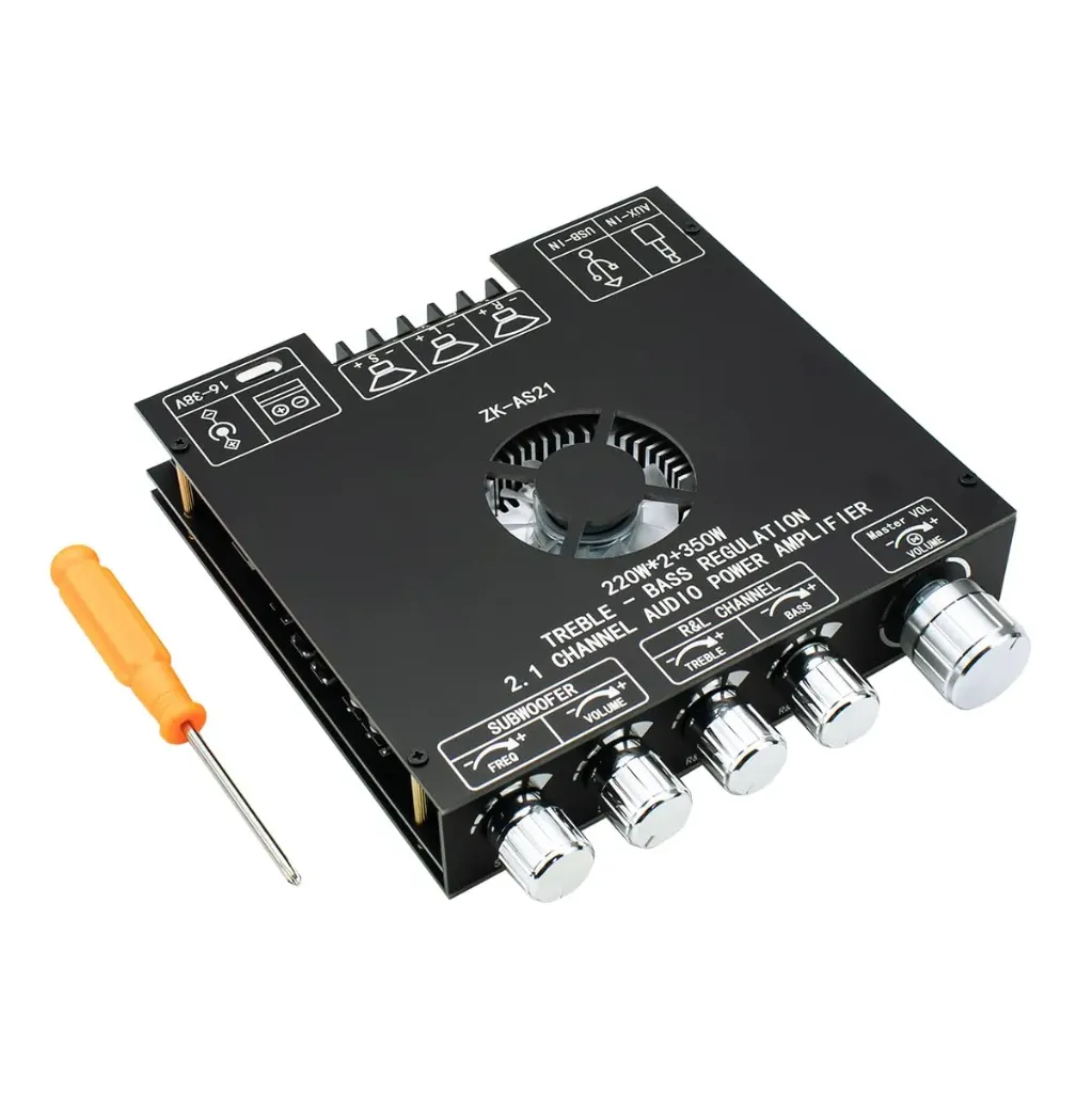 [43457675] ZK-AS21 TPA3255 Bluetooth 5.1 Power Amplifier Board – Hi-Fi 2.1 Channel 220W x 2 + 350W Digital Audio Receiver with Treble, Bass, and Subwoofer Frequency Control