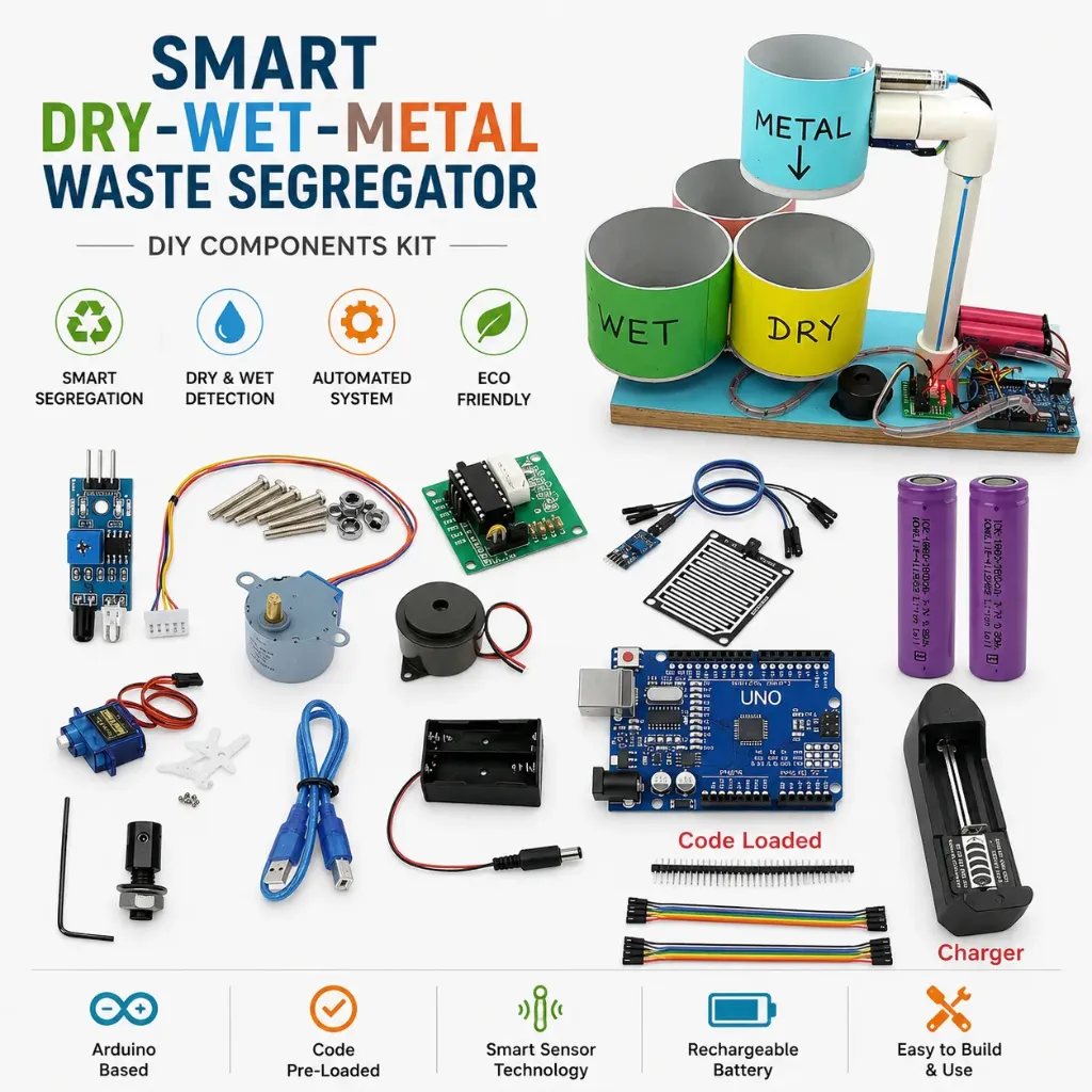 [2013012] Dry, wet and metal waste segregator components kit with charger & Programed Arduino Type-2