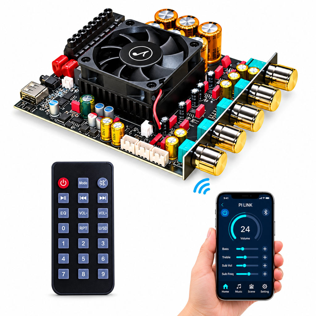 [0165006] SZM-AS21PRO 1200W 2.1 Channel Class D Amplifier Board 300W x 2 + 600W with App Control, Bluetooth, USB & Remote