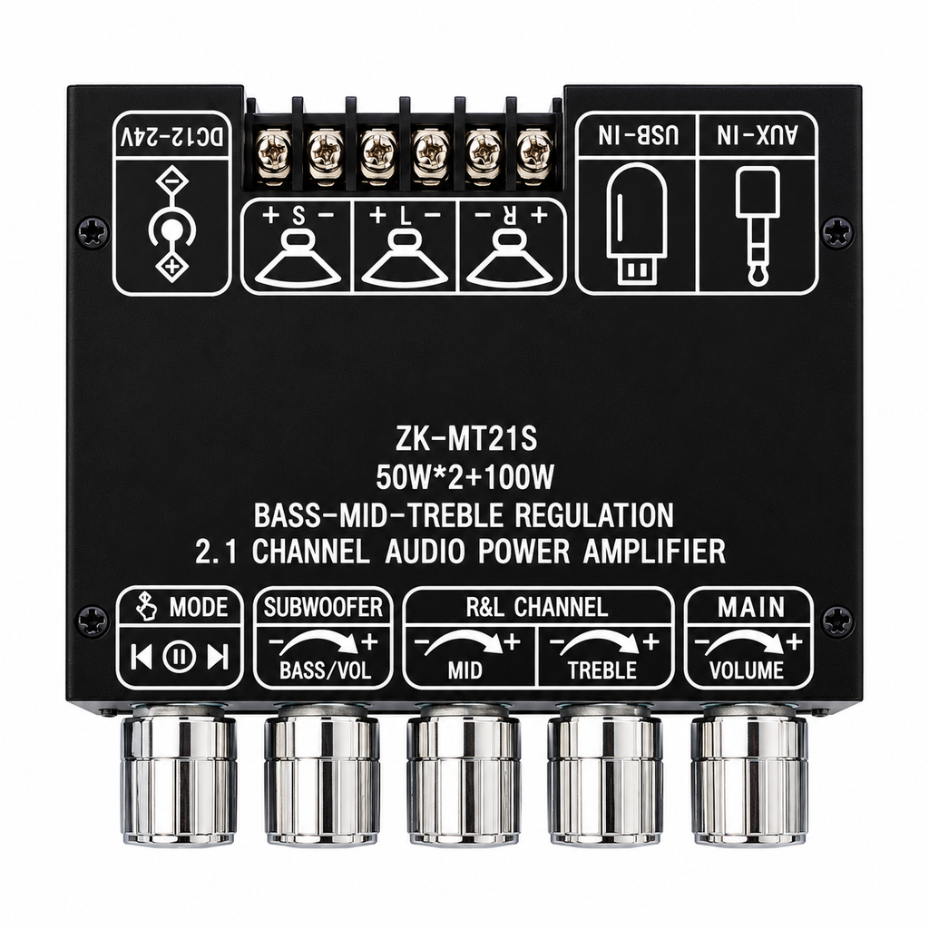 [67857867] MT21S 50W+50W+100W 2.1 Channel Subwoofer Amplifier Board with Treble and Bass Control, Dual TPA3116 Chip, DC 12-24V, Bluetooth and AUX Inputs
