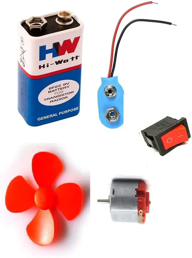 3-9 volt DC toy Motor Set With Fan Blade, 9v Battery, 9v Battery Connector and Switch